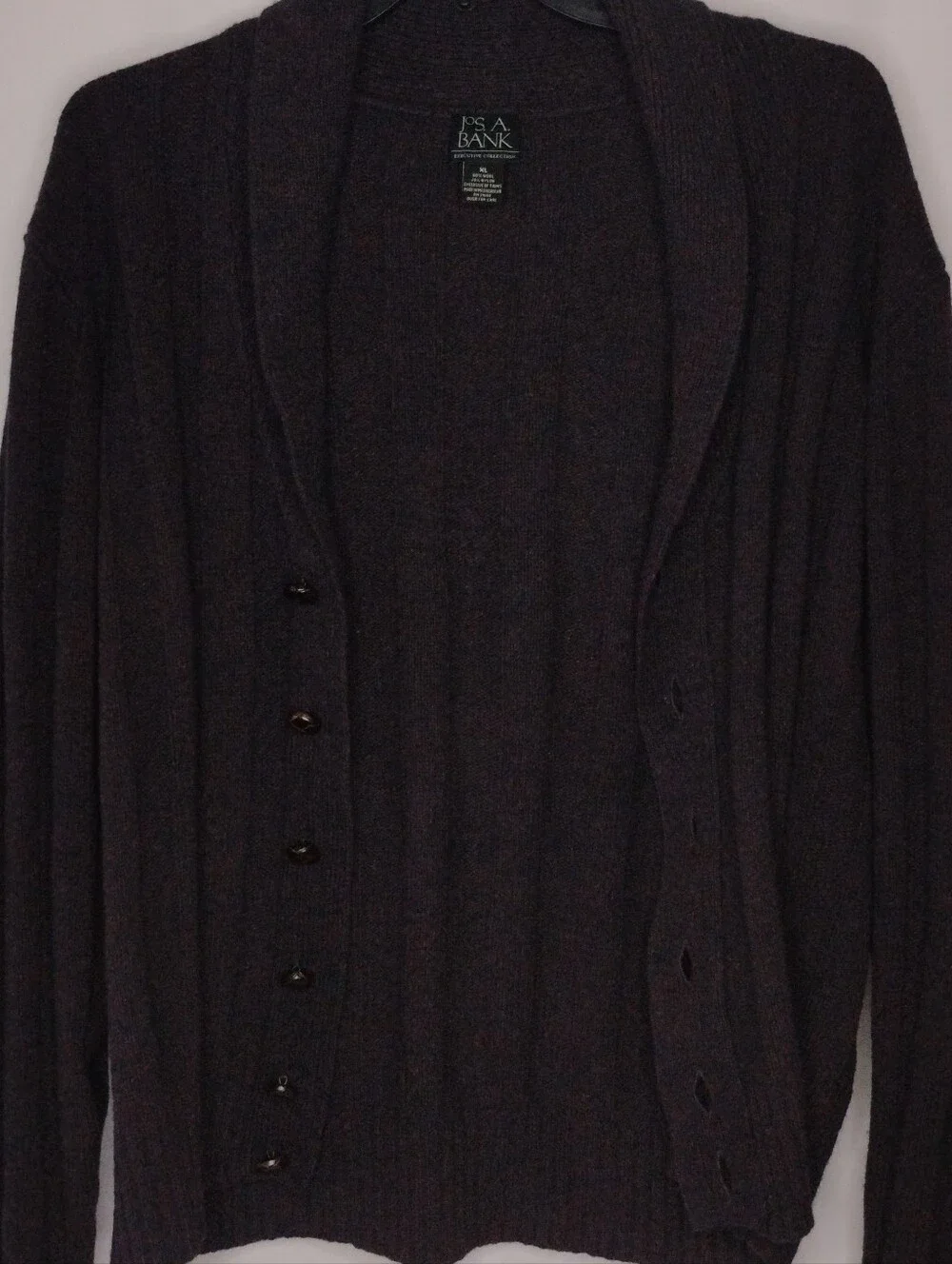 Men's Size XL Jos. A. Bank Dark Brown Wool Button Front V-Neck Cardigan Sweater